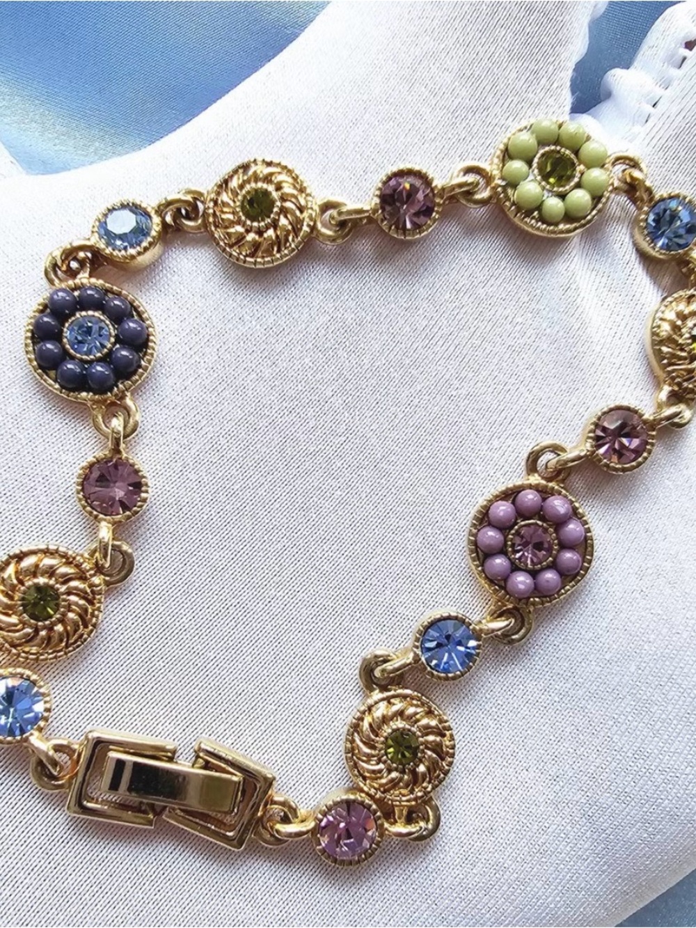 Vintage 1990s Multicolor Floral Bracelet Swarovski Crystal Faux Gemstones 7.5”